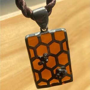 Unique Amber Honeycomb Pendant Necklace with Silver Bee Accents, Brown Cord